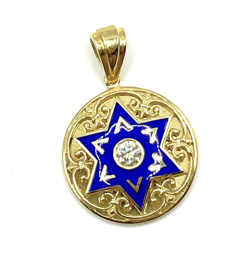 14K Gold & Diamond With Blue Enamel Star of David Necklace